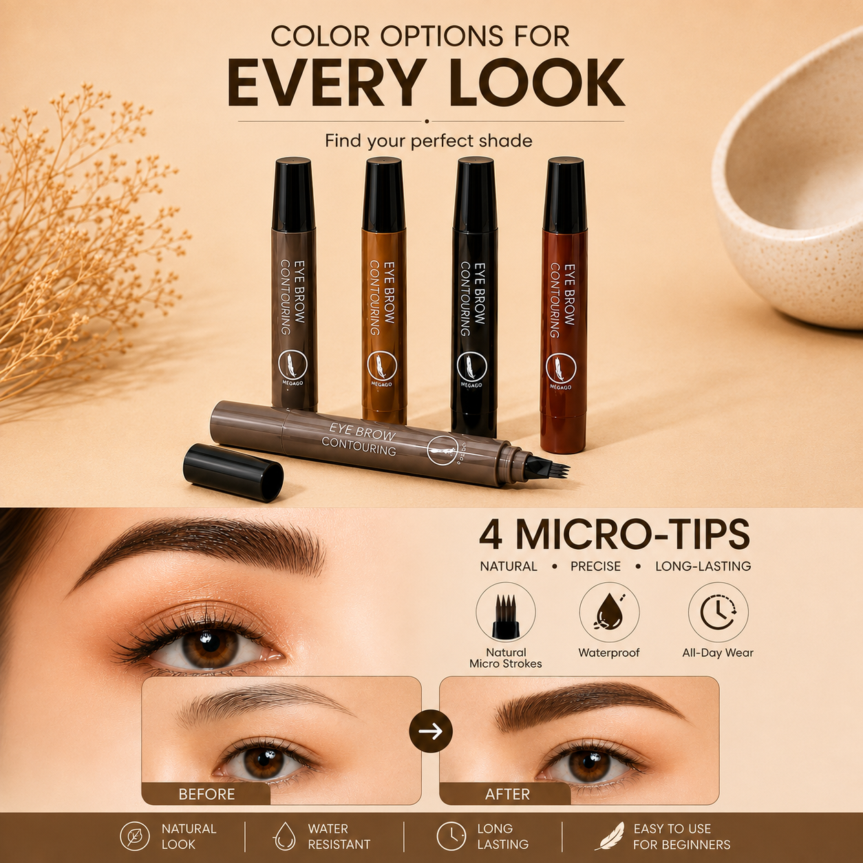 Four-fork eyebrow pencil, water-resistant and sweat-proof